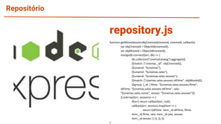 Repositório
function getMovieSessionsByCinemaId(movieId, cinemaId, callback){
var objCinemaId = ObjectId(cinemaId);
var objMovieId = ObjectId(movieId);
mongodb.connect((err, db) => {
db.collection("cinemaCatalog").aggregate([
{$match: {"cinemas._id": objCinemaId}},
{$unwind: "$cinemas"},
{$unwind: "$cinemas.salas"},
{$unwind: "$cinemas.salas.sessoes"},
{$match: {"cinemas.salas.sessoes.idFilme": objMovieId}},
{$group: {_id: { filme: "$cinemas.salas.sessoes.filme",
idFilme: "$cinemas.salas.sessoes.idFilme", sala:
"$cinemas.salas.nome", sessao: "$cinemas.salas.sessoes"}}}
]).toArray((err, sessions) => {
if(err) return callback(err, null);
callback(err, sessions.map(item => {
return {idFilme: item._id.idFilme, filme:
item._id.filme, sala: item._id.sala, sessao:
item._id.sessao } } )); }); });
}
repository.js
 
