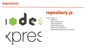 Repositório
module.exports = {
getAllCities,
getCinemasByCityId,
getMoviesByCityId,
getMoviesByCinemaId,
getMovieSessionsByCityId,
getMovieSessionsByCinemaId, disconnect
}
repository.js
 