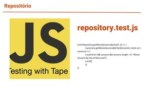 Repositório
test('Repository getMovieSessionsByCityId', (t) => {
repository.getMovieSessionsByCityId(movieId, cityId, (err,
sessions) => {
t.assert(!err && sessions && sessions.length > 0, "Movie
Sessions By City Id Returned");
t.end();
});
})
repository.test.js
 