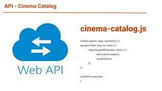 API - Cinema Catalog
module.exports = (app, repository) => {
app.get('/cities', (req, res, next) => {
repository.getAllCities((err, cities) => {
if(err) return next(err);
res.json(cities);
});
})
//another routes here
}
cinema-catalog.js
 