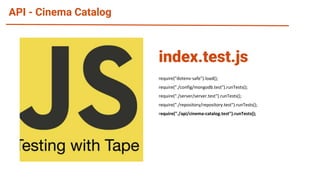 API - Cinema Catalog
require("dotenv-safe").load();
require("./config/mongodb.test").runTests();
require("./server/server.test").runTests();
require("./repository/repository.test").runTests();
require("./api/cinema-catalog.test").runTests();
index.test.js
 