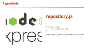 Repositório
function disconnect(){
return mongodb.disconnect();
}
module.exports = { getAllCities, getCinemasByCityId, disconnect }
repository.js
 