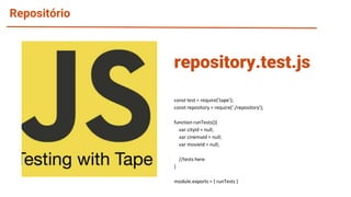 Repositório
const test = require('tape');
const repository = require('./repository');
function runTests(){
var cityId = null;
var cinemaId = null;
var movieId = null;
//tests here
}
module.exports = { runTests }
repository.test.js
 