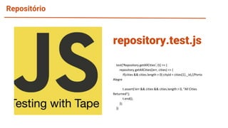 Repositório
test('Repository getAllCities', (t) => {
repository.getAllCities((err, cities) => {
if(cities && cities.length > 0) cityId = cities[1]._id;//Porto
Alegre
t.assert(!err && cities && cities.length > 0, "All Cities
Returned");
t.end();
});
})
repository.test.js
 