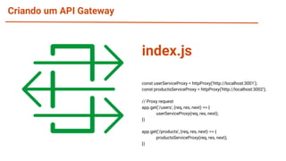 Criando um API Gateway
const userServiceProxy = httpProxy('http://localhost:3001');
const productsServiceProxy = httpProxy('http://localhost:3002');
// Proxy request
app.get('/users', (req, res, next) => {
userServiceProxy(req, res, next);
})
app.get('/products', (req, res, next) => {
productsServiceProxy(req, res, next);
})
index.js
 