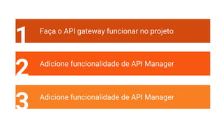 1 Faça o API gateway funcionar no projeto
2 Adicione funcionalidade de API Manager
3 Adicione funcionalidade de API Manager
 