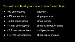 You will rewrite all your code to reach each level
● 100 connections anyhow
● <50k connections single process
● ~500k connections single server
● >1 mln. connections single with opt. or cloud
● >2,5 mln. connections multiple servers
● >10 mln. connections clusterware or cloud
 
