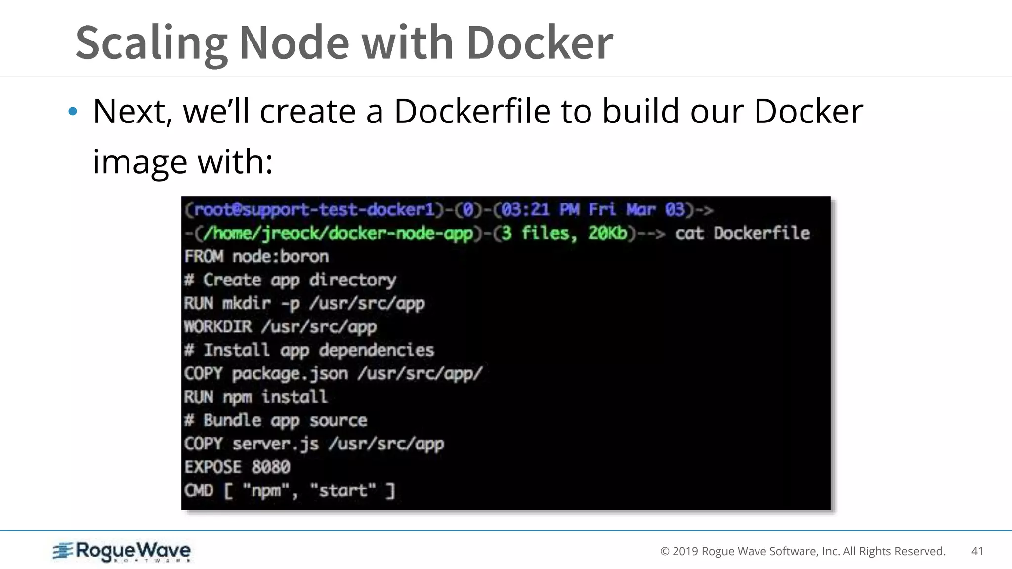 41© 2019 Rogue Wave Software, Inc. All Rights Reserved.
• Next, we’ll create a Dockerfile to build our Docker
image with:
 