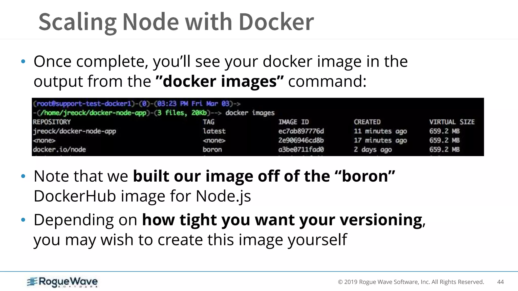 44© 2019 Rogue Wave Software, Inc. All Rights Reserved.
• Once complete, you’ll see your docker image in the
output from the ”docker images” command:
• Note that we built our image off of the “boron”
DockerHub image for Node.js
• Depending on how tight you want your versioning,
you may wish to create this image yourself
 