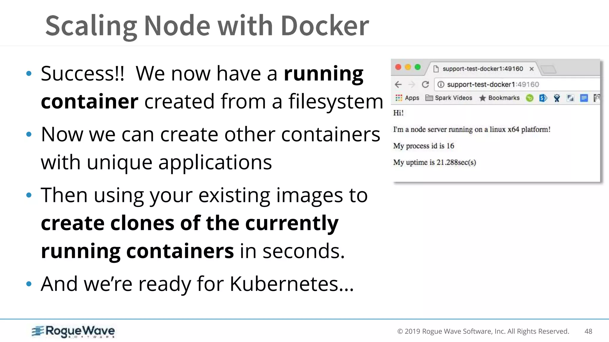48© 2019 Rogue Wave Software, Inc. All Rights Reserved.
• Success!! We now have a running
container created from a filesystem
• Now we can create other containers
with unique applications
• Then using your existing images to
create clones of the currently
running containers in seconds.
• And we’re ready for Kubernetes…
 