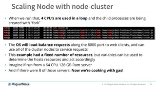53© 2019 Rogue Wave Software, Inc. All Rights Reserved.
• When we run that, 4 CPU’s are used in a loop and the child processes are being
created with “fork”
• The OS will load-balance requests along the 8000 port to web clients, and can
use all of the cluster nodes to service requests
• This example had a fixed number of resources, but variables can be used to
determine the hosts resources and act accordingly
• Imagine if run from a 64 CPU 128 GB Ram server
• And if there were 8 of those servers. Now we’re cooking with gas!
 