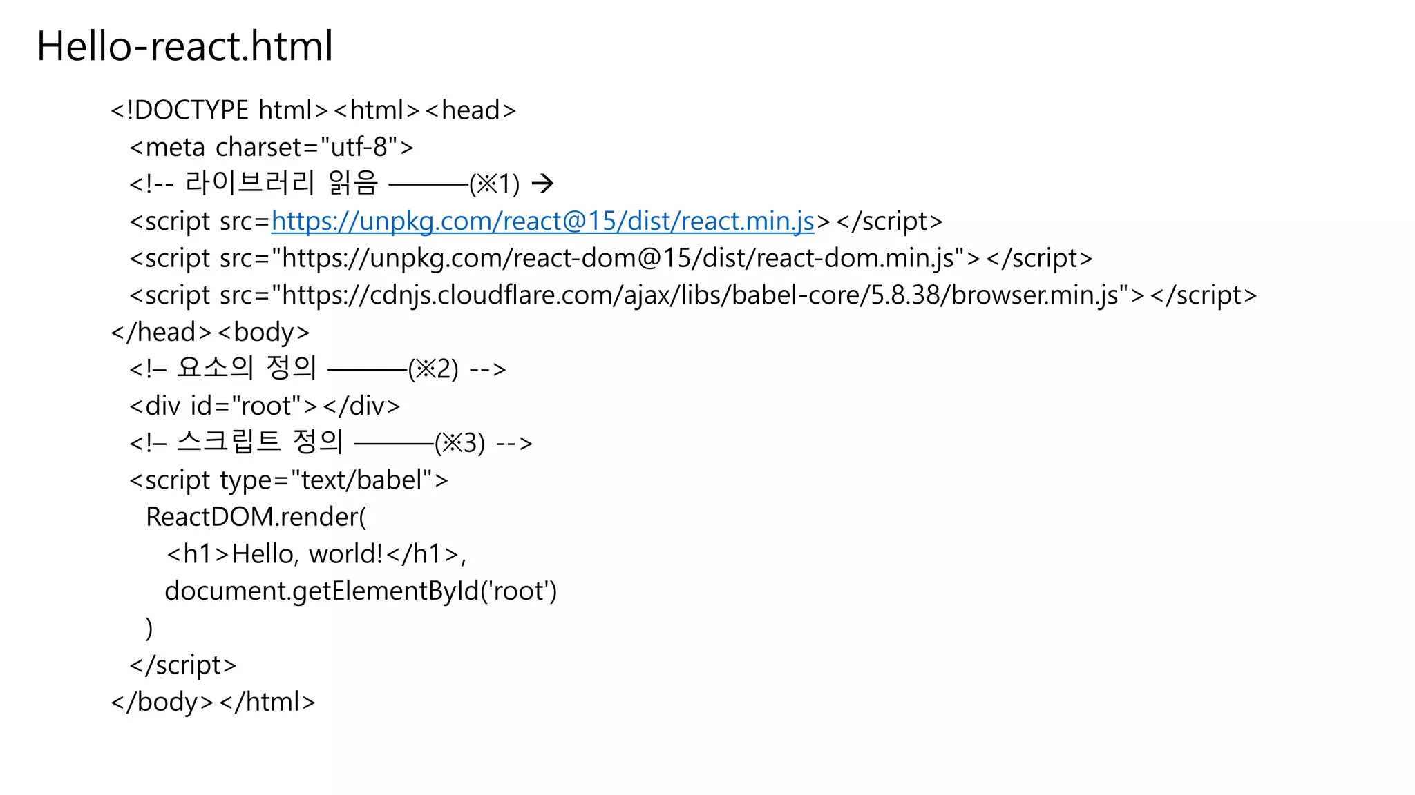 Hello-react.html <!DOCTYPE html><html><head> <meta charset="utf-8"> <!-- 라이브러리 읽음 ───(※1)  <script src=https://unpkg.com/react@15/dist/react.min.js></script> <script src="https://unpkg.com/react-dom@15/dist/react-dom.min.js"></script> <script src="https://cdnjs.cloudflare.com/ajax/libs/babel-core/5.8.38/browser.min.js"></script> </head><body> <!– 요소의 정의 ───(※2) --> <div id="root"></div> <!– 스크립트 정의 ───(※3) --> <script type="text/babel"> ReactDOM.render( <h1>Hello, world!</h1>, document.getElementById('root') ) </script> </body></html> 