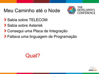 Globalcode – Open4education
Meu Caminho até o Node
Sabia sobre TELECOM
Sabia sobre Asterisk
Consegui uma Placa de Integração
Faltava uma linguagem de Programação
Qual?
 