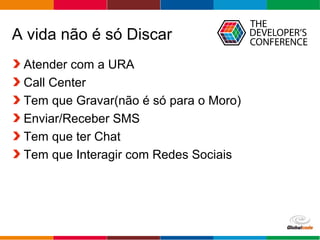 Globalcode – Open4education
A vida não é só Discar
Atender com a URA
Call Center
Tem que Gravar(não é só para o Moro)
Enviar/Receber SMS
Tem que ter Chat
Tem que Interagir com Redes Sociais
 