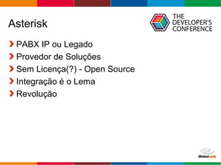 Globalcode – Open4education
Asterisk
PABX IP ou Legado
Provedor de Soluções
Sem Licença(?) - Open Source
Integração é o Lema
Revolução
 