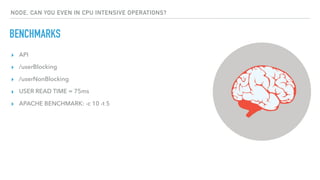 BENCHMARKS
NODE, CAN YOU EVEN IN CPU INTENSIVE OPERATIONS?
▸ API
▸ /userBlocking
▸ /userNonBlocking
▸ USER READ TIME = 75ms
▸ APACHE BENCHMARK: -c 10 -t 5
 