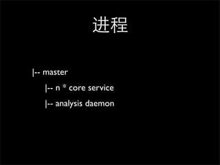 

|-- master
   |-- n * core service
   |-- analysis daemon
 