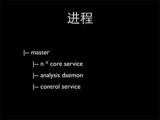 

|-- master
   |-- n * core service
   |-- analysis daemon
   |-- control service
 