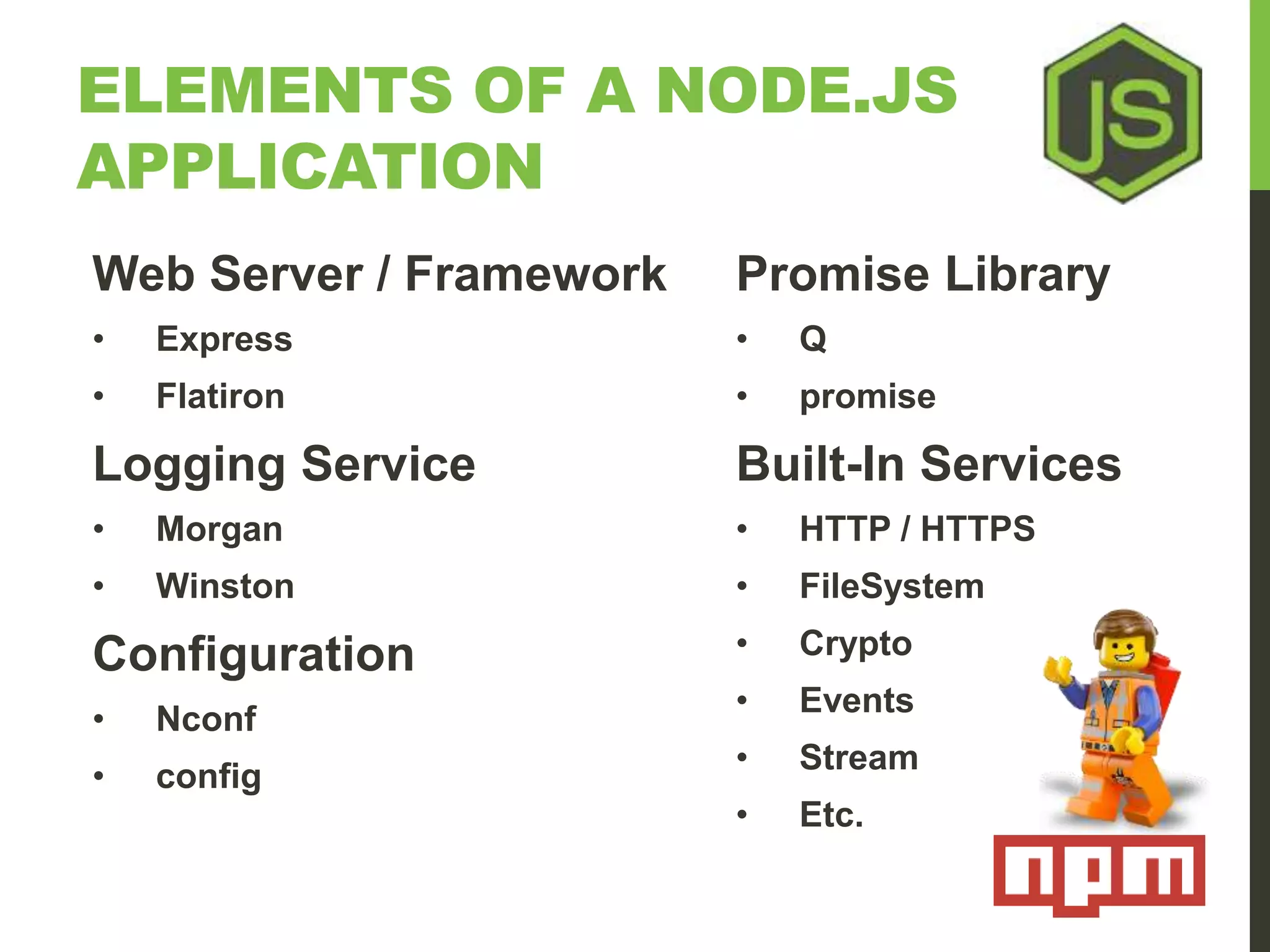 ELEMENTS OF A NODE.JS APPLICATION Web Server / Framework • Express • Flatiron Logging Service • Morgan • Winston Configuration • Nconf • config Promise Library • Q • promise Built-In Services • HTTP / HTTPS • FileSystem • Crypto • Events • Stream • Etc. 
