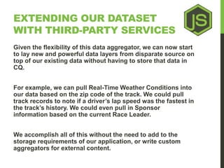 EXTENDING OUR DATASET 
WITH THIRD-PARTY SERVICES 
Given the flexibility of this data aggregator, we can now start 
to lay ...