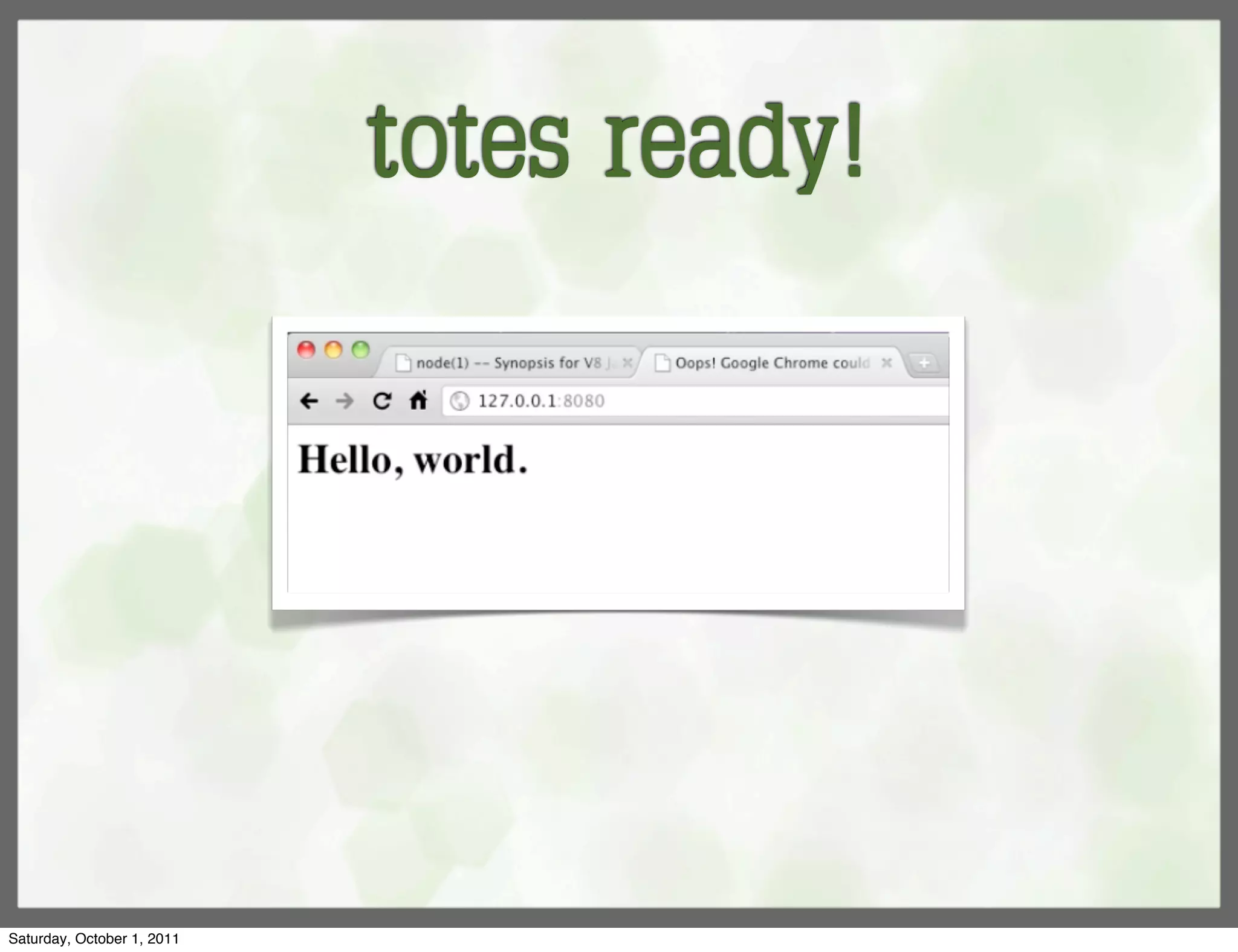 totes ready!




Saturday, October 1, 2011
 