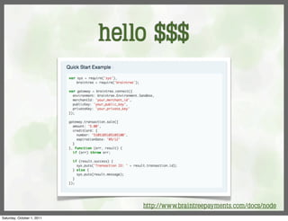 hello $$$




                                http://www.braintreepayments.com/docs/node
Saturday, October 1, 2011
 