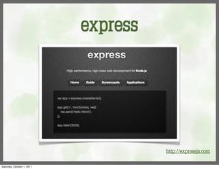 express




                                      http://expressjs.com

Saturday, October 1, 2011
 