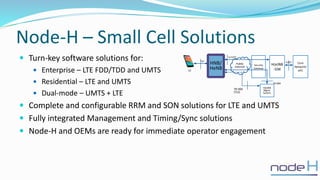 Node-H – Small Cell Solutions
 Turn-key software solutions for:
 Enterprise – LTE FDD/TDD and UMTS
 Residential – LTE and UMTS
 Dual-mode – UMTS + LTE
 Complete and configurable RRM and SON solutions for LTE and UMTS
 Fully integrated Management and Timing/Sync solutions
 Node-H and OEMs are ready for immediate operator engagement
Security
Gateway
H(e)NB
-GW
Core
Network/
ePC
Iu/S1
H(e)NB
Mgmt.
System
Public
internet
Uu
HNB/
HeNBUE
Iu-h/S1
TR-069
TR-069
(TLS)
 