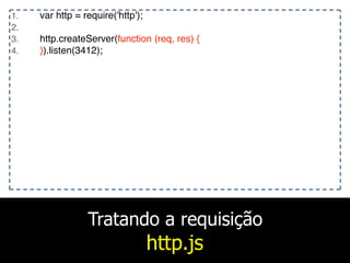 Tratando a requisição
http.js
1. var http = require('http');
2.
3. http.createServer(function (req, res) {
4. }).listen(3412);
 