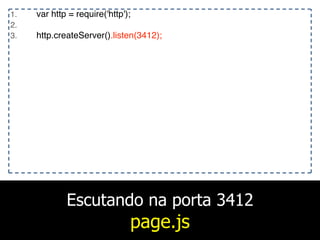Escutando na porta 3412
page.js
1. var http = require('http');
2.
3. http.createServer().listen(3412);
 