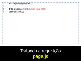 Tratando a requisição
page.js
1. var http = require('http');
2.
3. http.createServer(function (req, res) {
4. }).listen(3412);
 