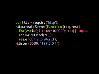 var http = require('http');
http.createServer(function (req, res) {
   for(var i=0; i < 100*100000; i++){ }
   res.writeHead(200);
   res.end('Hello World');
}).listen(8080, "127.0.0.1");
 
