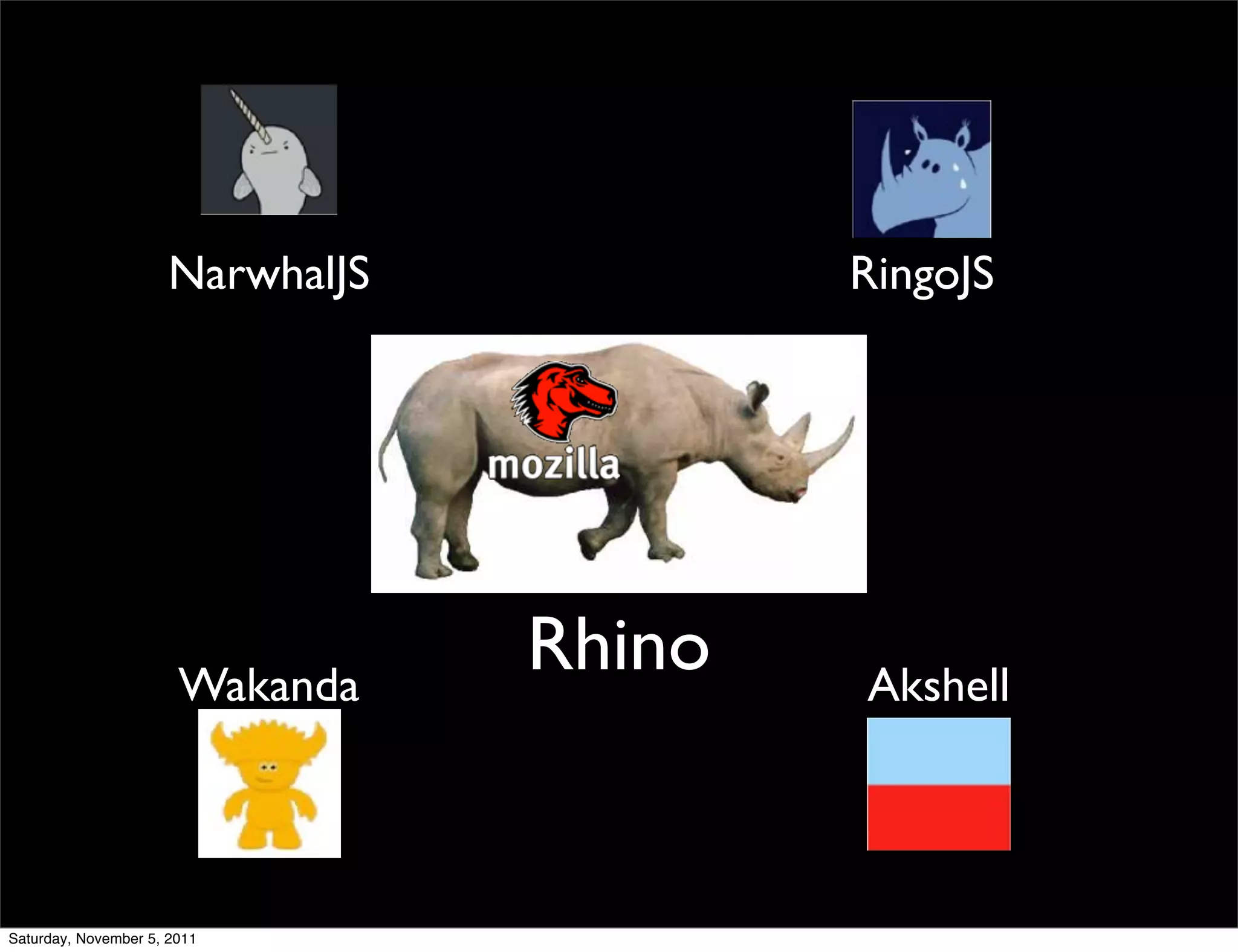 NarwhalJS           RingoJS




                       Wakanda
                                  Rhino   Akshell




Saturday, November 5, 2011
 