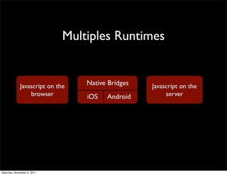 Multiples Runtimes


             Javascript on the   Native Bridges   Javascript on the
                 browser         iOS   Android         server




Saturday, November 5, 2011
 