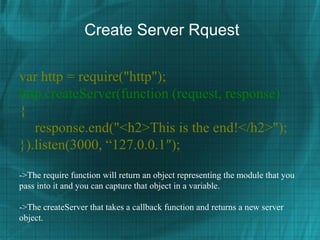 Create Server Rquest

var http = require("http");
http.createServer(function (request, response)
{
   response.end("<h2>This is the end!</h2>");
}).listen(3000, “127.0.0.1″);

->The require function will return an object representing the module that you
pass into it and you can capture that object in a variable.

->The createServer that takes a callback function and returns a new server
object.
 