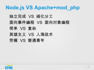 Node.js VS
Apache+mod_php
•




    独立完成 VS 细化分工
•




    面向事件编程 VS 面向对象编程
•




    英雄主义 VS 人海战术
•




    劳模 VS 普通青年




                       8
 