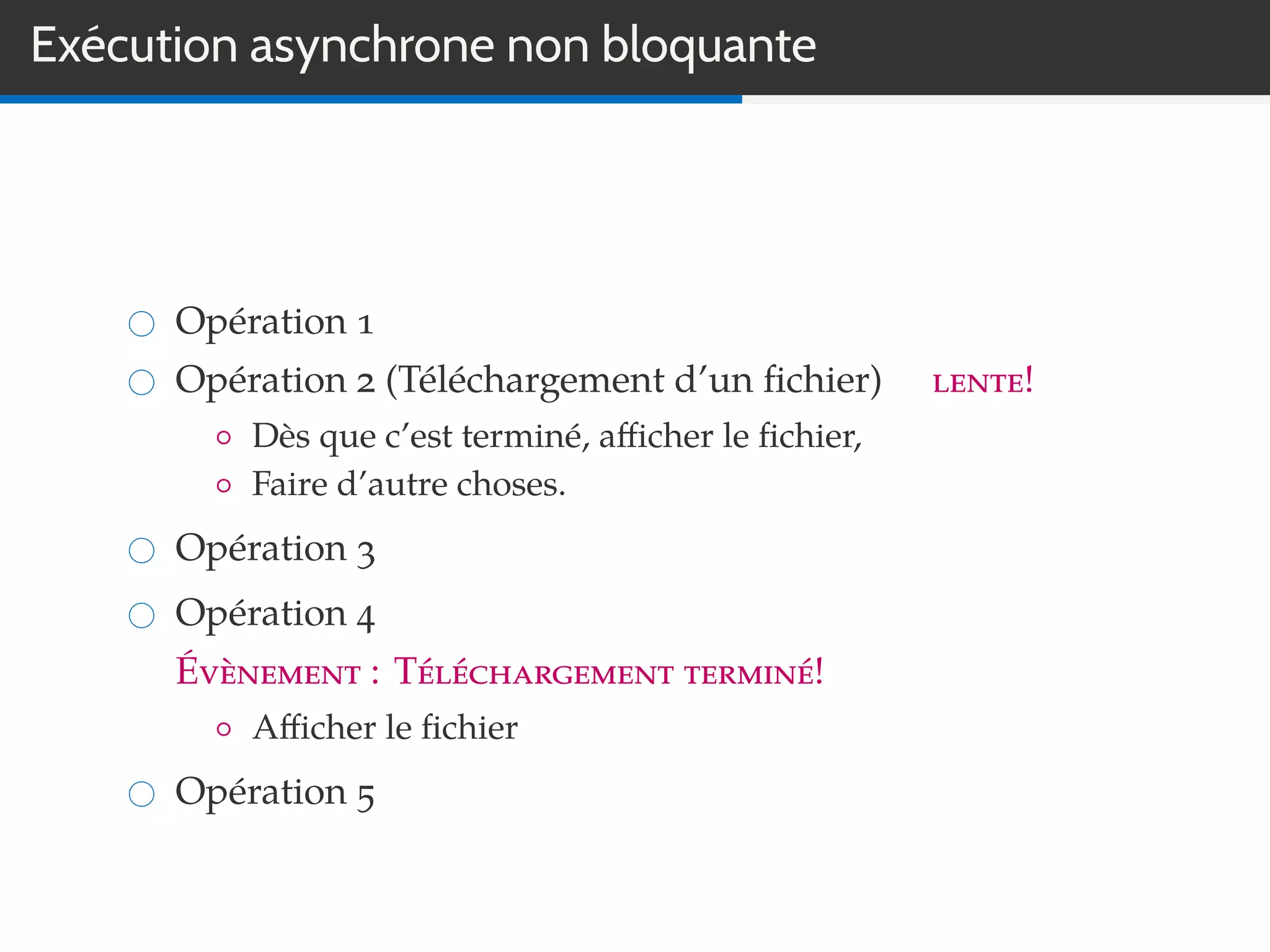Exécution asynchrone non bloquante
Opération 1
Opération 2 (Téléchargement d’un ﬁchier) lente!
◦ Dès que c’est terminé, aﬃcher le ﬁchier,
◦ Faire d’autre choses.
Opération 3
Opération 4
Évènement : Téléchargement terminé!
◦ Aﬃcher le ﬁchier
Opération 5
 