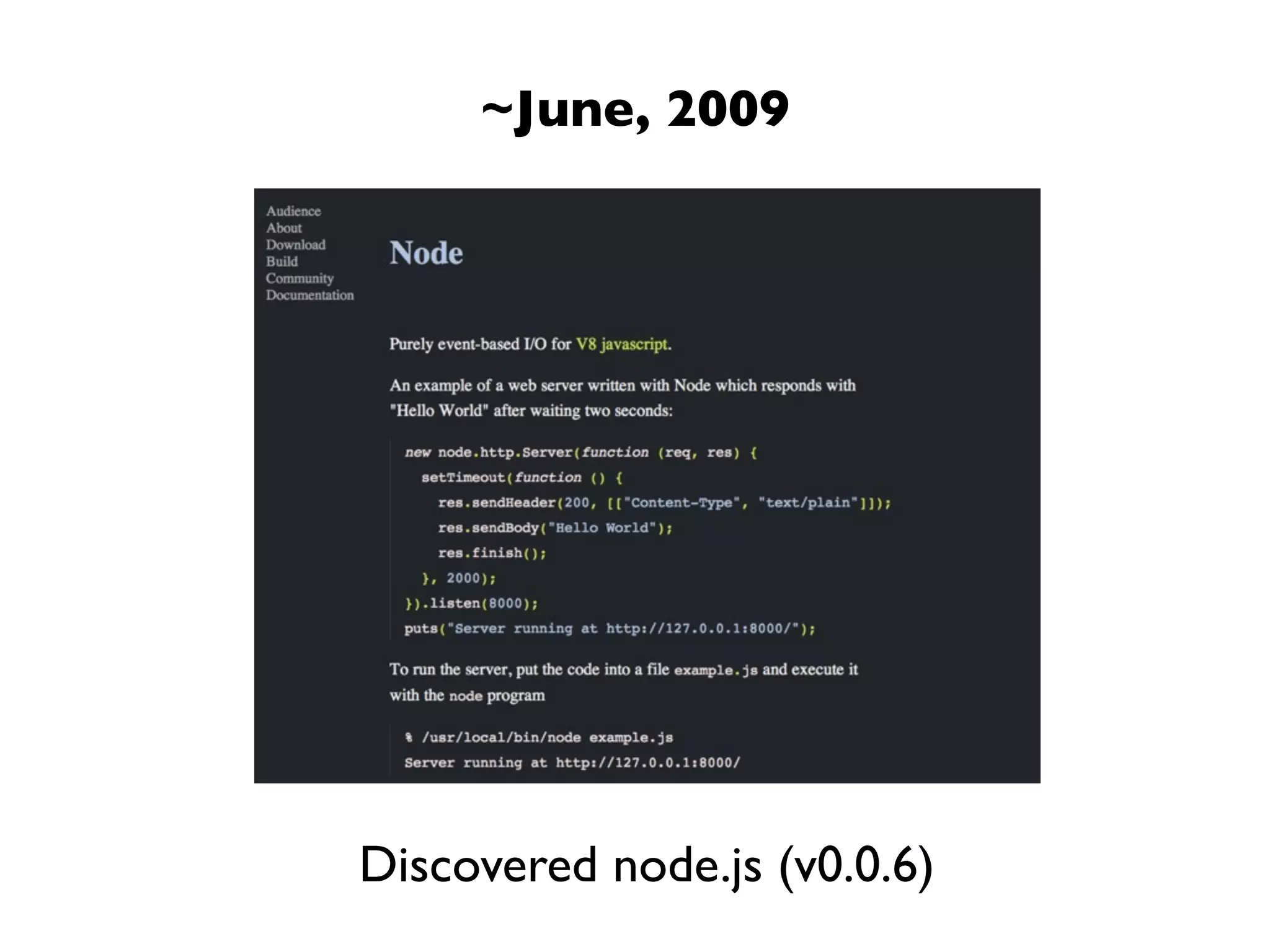 ~June, 2009




Discovered node.js (v0.0.6)
 
