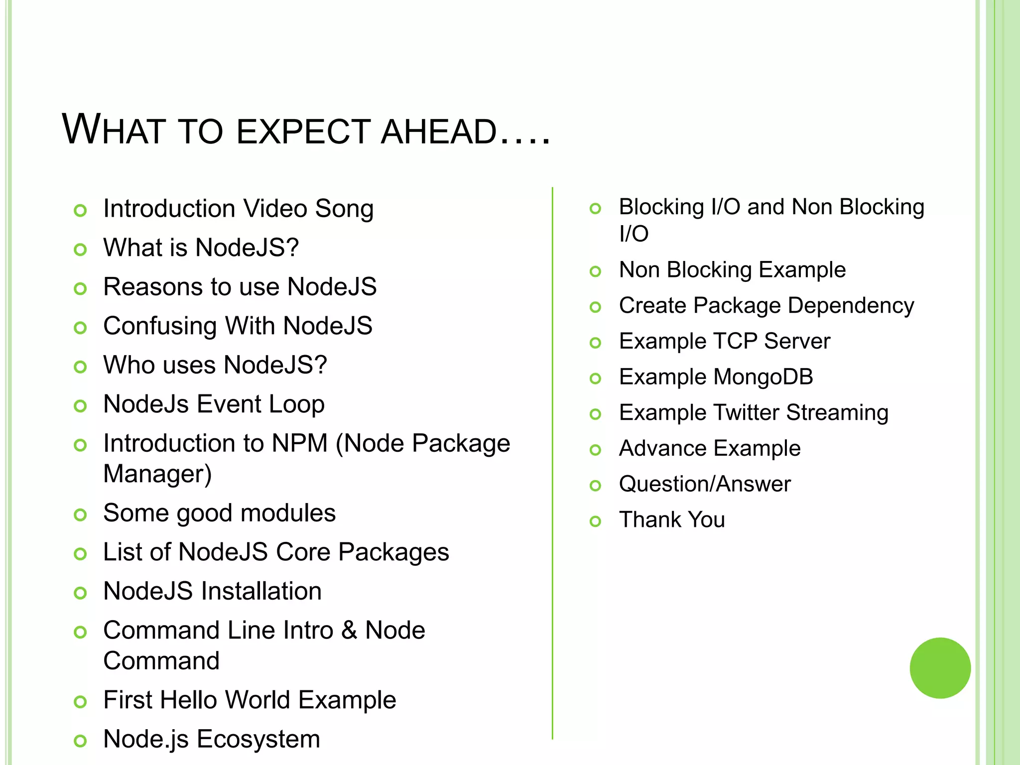 WHAT TO EXPECT AHEAD….
 Introduction Video Song
 What is NodeJS?
 Reasons to use NodeJS
 Confusing With NodeJS
 Who uses NodeJS?
 NodeJs Event Loop
 Introduction to NPM (Node Package
Manager)
 Some good modules
 List of NodeJS Core Packages
 NodeJS Installation
 Command Line Intro & Node
Command
 First Hello World Example
 Node.js Ecosystem
 Blocking I/O and Non Blocking
I/O
 Non Blocking Example
 Create Package Dependency
 Example TCP Server
 Example MongoDB
 Example Twitter Streaming
 Advance Example
 Question/Answer
 Thank You
 