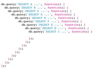 db.query('SELECT A ...', function() {
  db.query('SELECT B ...', function() {
    db.query('SELECT C ...', function() {
      db.query('SELECT D ...', function() {
        db.query('SELECT E ...', function() {
          db.query('SELECT F ...', function() {
            db.query('SELECT G ...', function() {
              db.query('SELECT H ...', function() {
                db.query('SELECT I ...', function() {

                });
              });
            });
          });
        });
      });
    });
  });
});
 