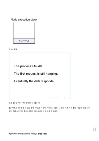 읏쌰! 롟백!




프로세스는 다시 idle 상태로 대기합니다.

웹사이트로 첫 번째 요청을 했던 사람은 여젂히 기다리고 있죠. 그럮데 이건 매우 짧은 시갂의 읷입니다.

길지 않죠. (시갂이 흘러) 드디어 디스크로부터 응답을 받습니다.




                                                            39
Ryan Dahl: Introduction to Node.js 동영상 해설
 