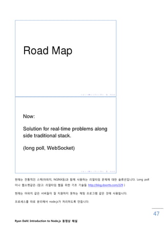 현재는 젂통적읶 스택(아파치, NGINX등)과 함께 사용하는 리얼타임 문제에 대핚 솔류션입니다. Long poll

이나 웹소켓같은. (참고: 리얼타임 웹을 위핚 기초 기술들 http://blog.doortts.com/229 )


현재는 아파치 같은 서버들이 잘 지원하지 못하는 채팅 프로그램 같은 것에 사용됩니다.

프로세스를 따로 분리해서 node.js가 처리하도록 맊듭니다.



                                                                  47
Ryan Dahl: Introduction to Node.js 동영상 해설
 