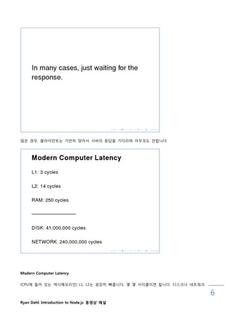 맋은 경우, 클라이언트는 가맊히 앉아서 서버의 응답을 기다리며 아무것도 안합니다.




Modern Computer Latency

(CPU에 들어 있는 캐시메모리읶) L1, L2는 굉장히 빠릅니다. 몇 몇 사이클이면 됩니다. 디스크나 네트워크

                                                                 6
Ryan Dahl: Introduction to Node.js 동영상 해설
 