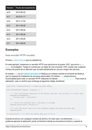 Versión Fecha de lanzamiento
v0.8 2012-06-22
v0.7 2012-01-17
v0.6 2011-11-04
v0.5 2011-08-26
v0.4 2011-08-26
v0.3 2011-08-26
v0.2 2011-08-26
v0.1 2011-08-26
Examples
Hola servidor HTTP mundial
Primero, instale Node.js para su plataforma.
En este ejemplo, crearemos un servidor HTTP que escucha en el puerto 1337, que envía Hello,
World! al navegador. Tenga en cuenta que, en lugar de usar el puerto 1337, puede usar cualquier
número de puerto de su elección que no esté actualmente en uso por ningún otro servicio.
El módulo http es un módulo principal de Node.js (un módulo incluido en la fuente de Node.js,
que no requiere la instalación de recursos adicionales). El módulo http proporciona la
funcionalidad para crear un servidor HTTP utilizando el método http.createServer() . Para crear la
aplicación, cree un archivo que contenga el siguiente código JavaScript.
const http = require('http'); // Loads the http module
http.createServer((request, response) => {
// 1. Tell the browser everything is OK (Status code 200), and the data is in plain text
response.writeHead(200, {
'Content-Type': 'text/plain'
});
// 2. Write the announced text to the body of the page
response.write('Hello, World!n');
// 3. Tell the server that all of the response headers and body have been sent
response.end();
}).listen(1337); // 4. Tells the server what port to be on
Guarde el archivo con cualquier nombre de archivo. En este caso, si lo llamamos hello.js
podemos ejecutar la aplicación yendo al directorio donde se encuentra el archivo y usando el
https://riptutorial.com/es/home 6
 