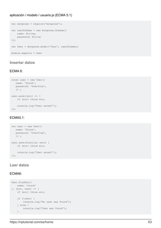 aplicación / modelo / usuario.js (ECMA 5.1)
var mongoose = require('mongoose');
var userSchema = new mongoose.Schema({
name: String,
password: String
});
var User = mongoose.model('User', userSchema);
module.exports = User
Insertar datos
ECMA 6:
const user = new User({
name: 'Stack',
password: 'Overflow',
}) ;
user.save((err) => {
if (err) throw err;
console.log('User saved!');
});
ECMA5.1:
var user = new User({
name: 'Stack',
password: 'Overflow',
}) ;
user.save(function (err) {
if (err) throw err;
console.log('User saved!');
});
Leer datos
ECMA6:
User.findOne({
name: 'stack'
}, (err, user) => {
if (err) throw err;
if (!user) {
console.log('No user was found');
} else {
console.log('User was found');
}
https://riptutorial.com/es/home 63
 