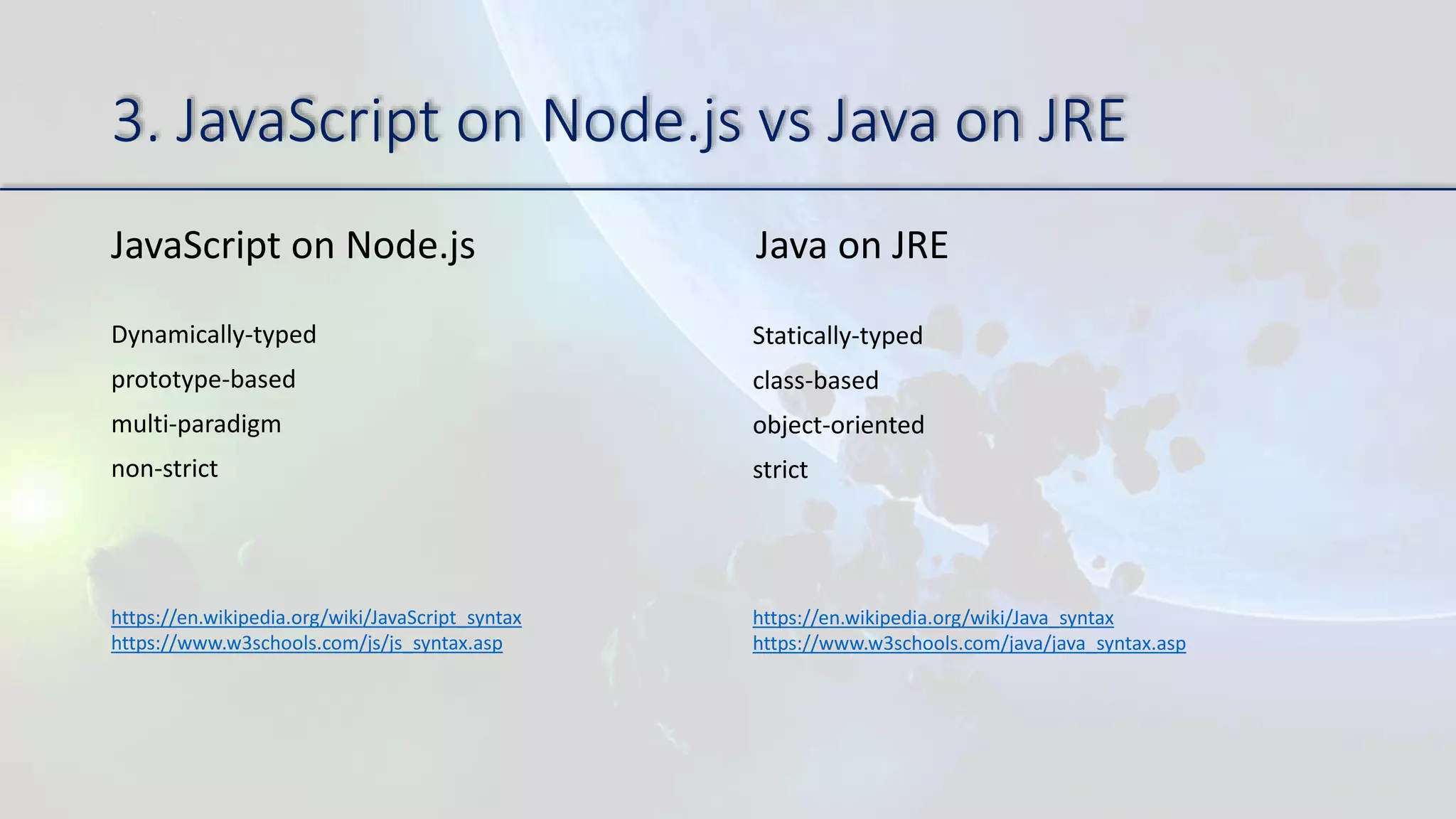 3. JavaScript on Node.js vs Java on JRE
JavaScript on Node.js Java on JRE
Dynamically-typed
prototype-based
multi-paradigm
non-strict
Statically-typed
class-based
object-oriented
strict
https://en.wikipedia.org/wiki/JavaScript_syntax
https://www.w3schools.com/js/js_syntax.asp
https://en.wikipedia.org/wiki/Java_syntax
https://www.w3schools.com/java/java_syntax.asp
 