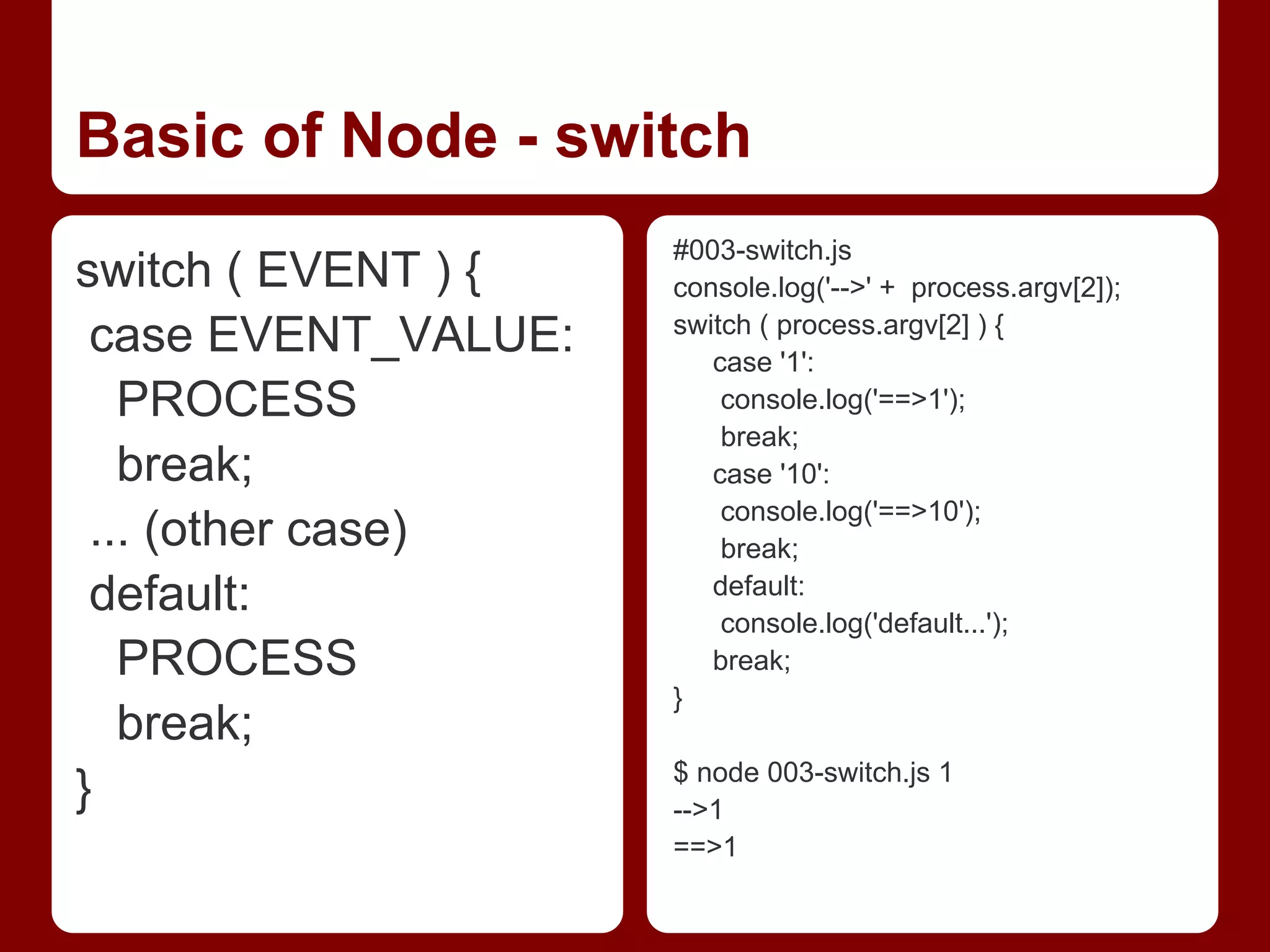 Basic of Node - switch
switch ( EVENT ) {
case EVENT_VALUE:
PROCESS
break;
... (other case)
default:
PROCESS
break;
}
#003-switch.js
console.log('-->' + process.argv[2]);
switch ( process.argv[2] ) {
case '1':
console.log('==>1');
break;
case '10':
console.log('==>10');
break;
default:
console.log('default...');
break;
}
$ node 003-switch.js 1
-->1
==>1
 