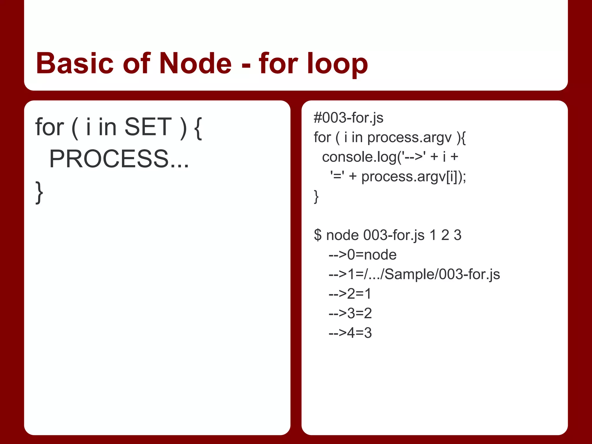 Basic of Node - for loop
for ( i in SET ) {
PROCESS...
}
#003-for.js
for ( i in process.argv ){
console.log('-->' + i +
'=' + process.argv[i]);
}
$ node 003-for.js 1 2 3
-->0=node
-->1=/.../Sample/003-for.js
-->2=1
-->3=2
-->4=3
 