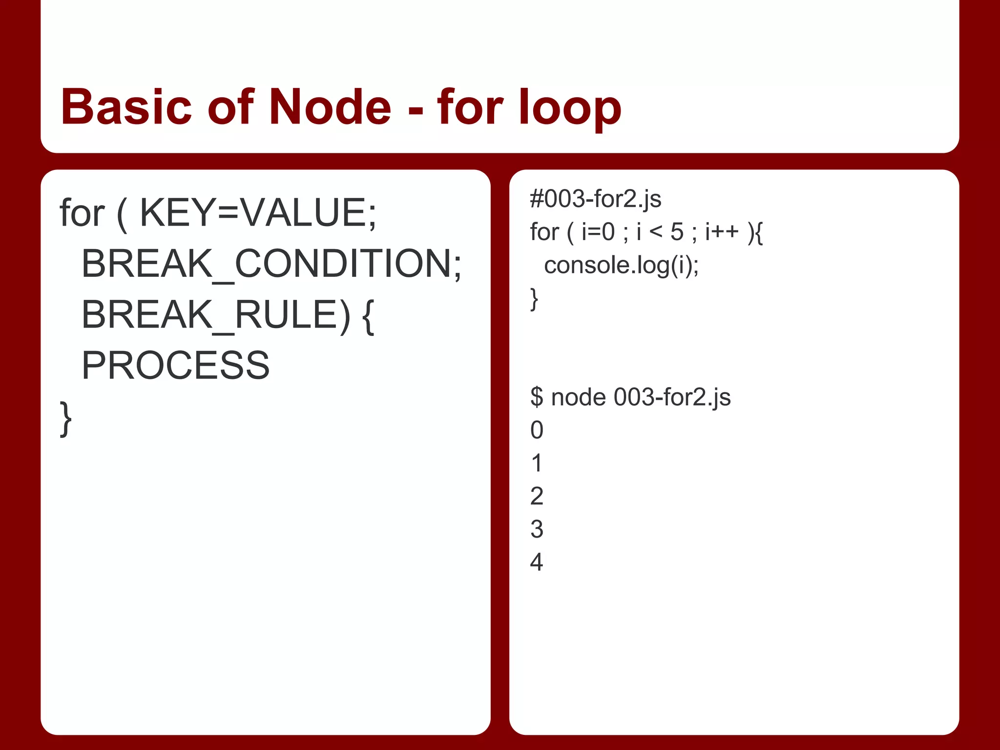 Basic of Node - for loop
for ( KEY=VALUE;
BREAK_CONDITION;
BREAK_RULE) {
PROCESS
}
#003-for2.js
for ( i=0 ; i < 5 ; i++ ){
console.log(i);
}
$ node 003-for2.js
0
1
2
3
4
 