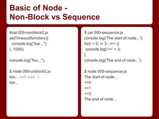 Basic of Node -
Non-Block vs Sequence
$ cat 000-sequence.js
console.log('The start of node...');
for(i = 0; i< 3 ; i++ ){
console.log('=>' + i);
}
console.log('The end of node...');
$ node 000-sequence.js
The start of node...
=>0
=>1
=>2
The end of node...
#cat 000-nonblock2.js
setTimeout(function(){
console.log("bar...");
}, 1000);
console.log("foo...");
$ node 000-unblock2.js
foo... (will wait...)
bar...
 